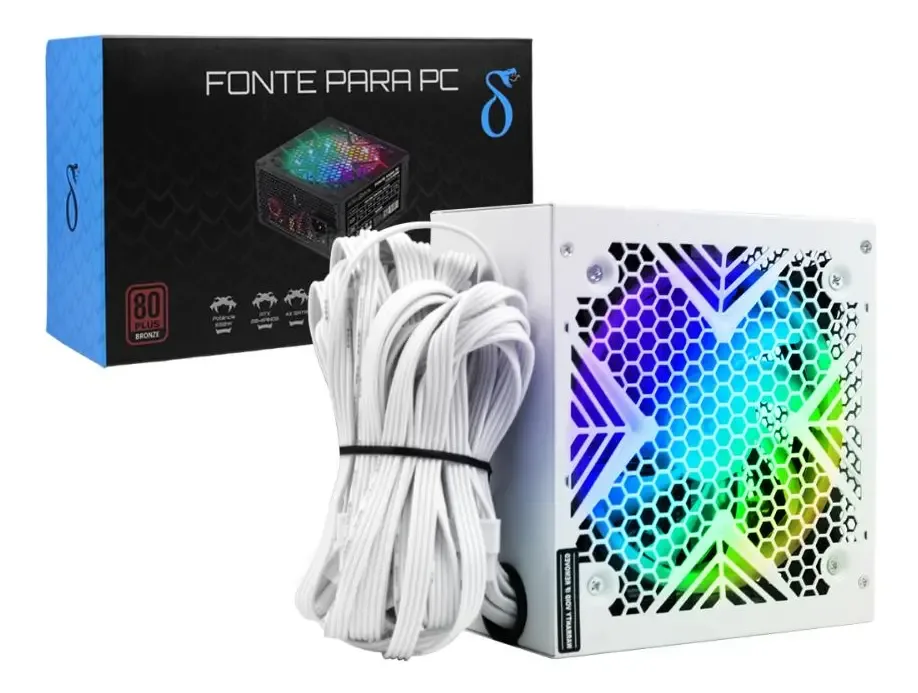 Fonte 650W 80 Plus Bronze White PC Gamer PFC Ativo ATX Bivolt Potência Compatível AMD Intel