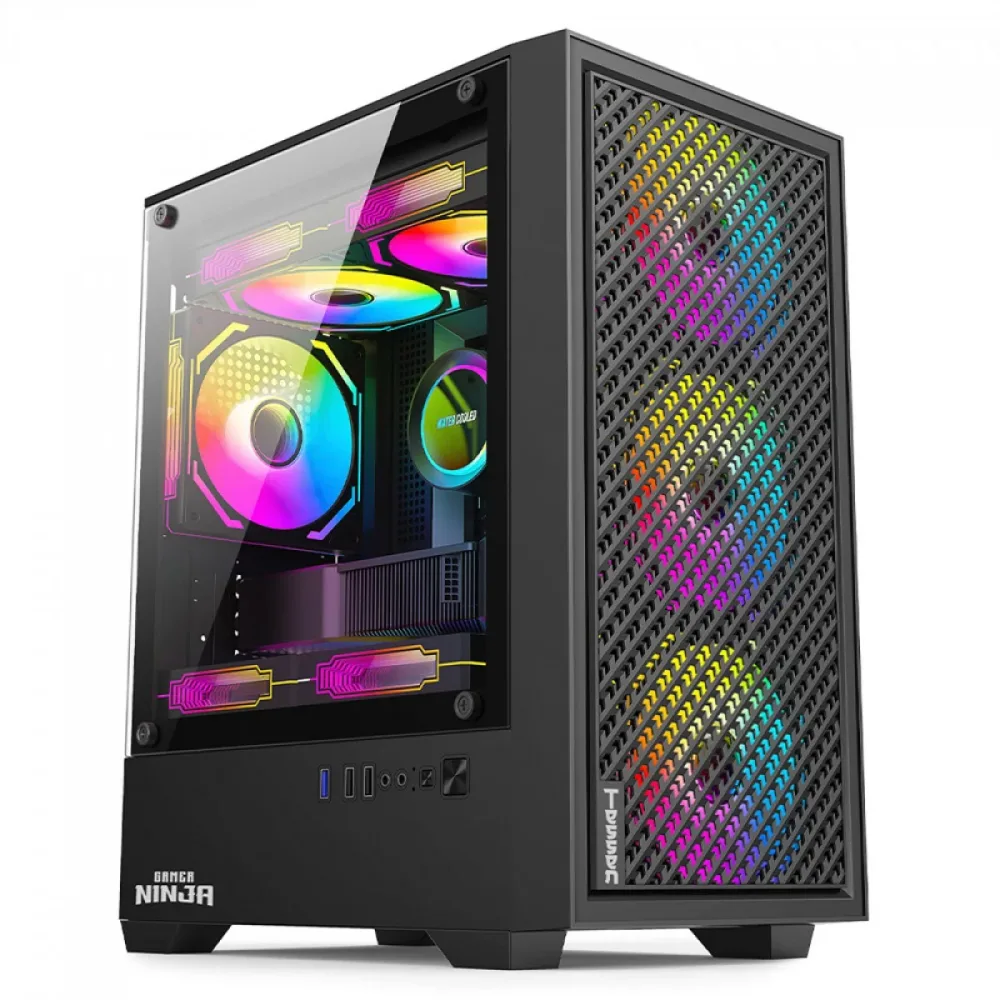 Gabinete Gamer Ninja Tessen, Mid Tower, Vidro Temperado, M-ATX, Com 3 Fans Rainbow, Sem Fonte, Preto, GN-CS-MTBSF - Open Box