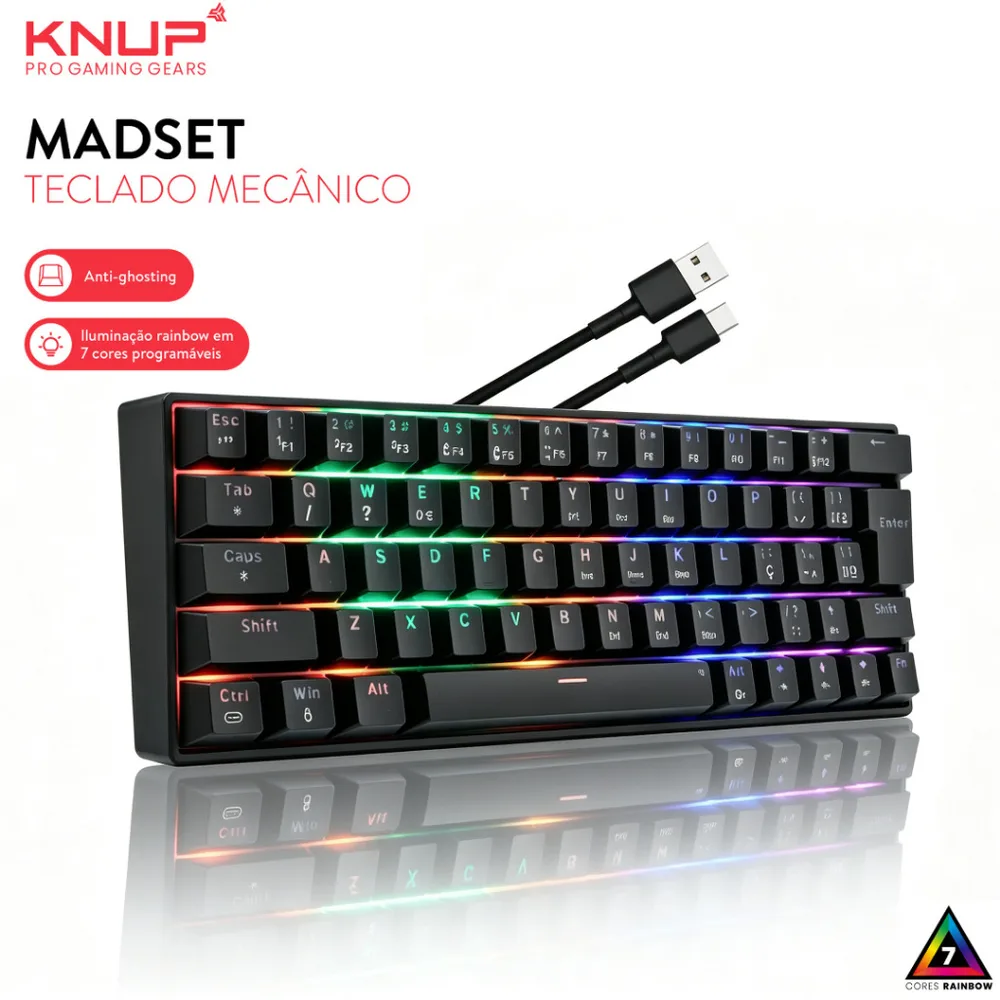Teclado Mecânico Gamer Compacto 60% 63 Teclas Switch Blue Rainbow RGB Anti-Ghosting USB